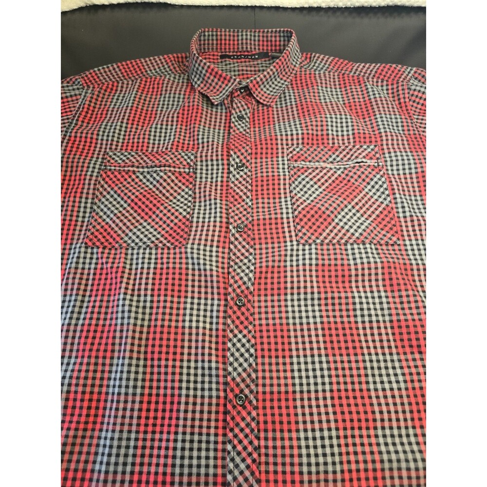 Sean John Shirt 3XB Mens Big & Tall Red Black Gingham Check Button Down Pockets